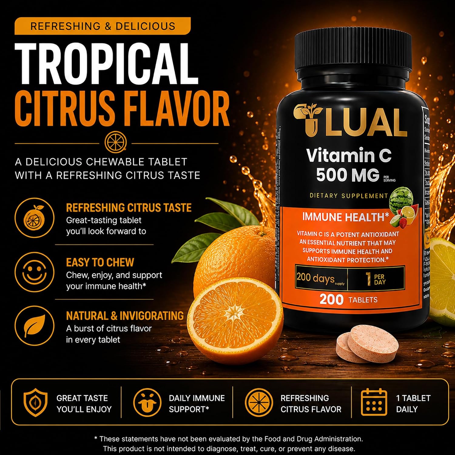LUAL Vitamina C 500 mg Comprimidos Masticables Sabor Tropical, 200 Unidades