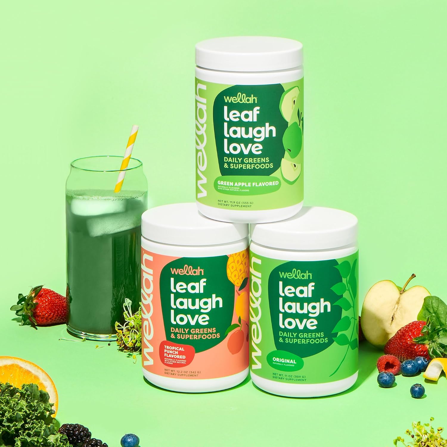 Wellah Leaf, Laugh, Love Super Greens Powder (Sin Sabor) 30 Porciones - Mezcla de Superalimentos