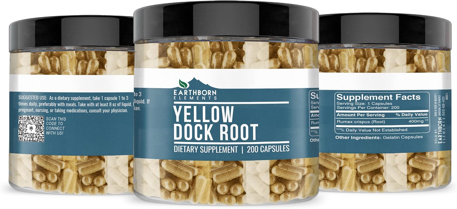 Earthborn Elements Yellow Dock Root 200 Cápsulas, Puro y sin Diluir, Sin Aditivos