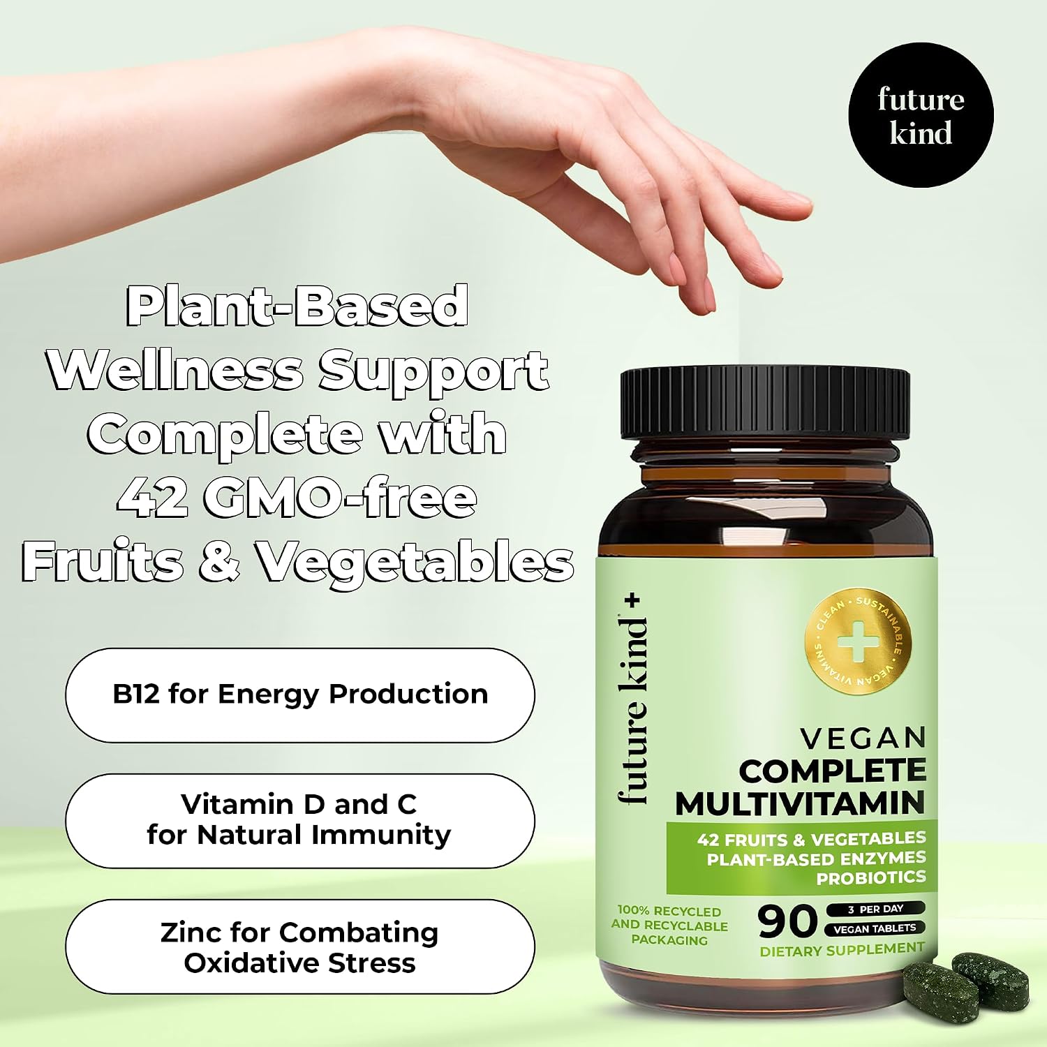 Future Kind Vegan Multivitamins Complete - Multivitamínico Vegano 42-en-1 con B12, Zinc y Probióticos (90 comprimidos)