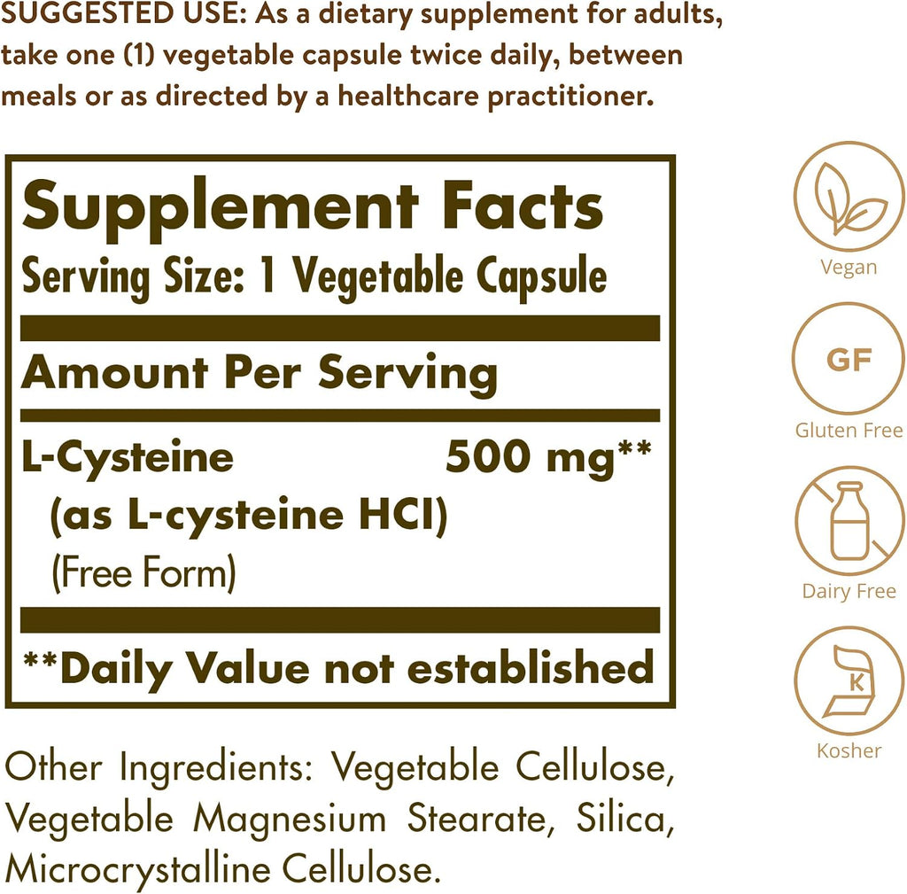 Solgar L-Cisteína 500 mg, 90 Cápsulas Vegetales - Aminoácido Libre