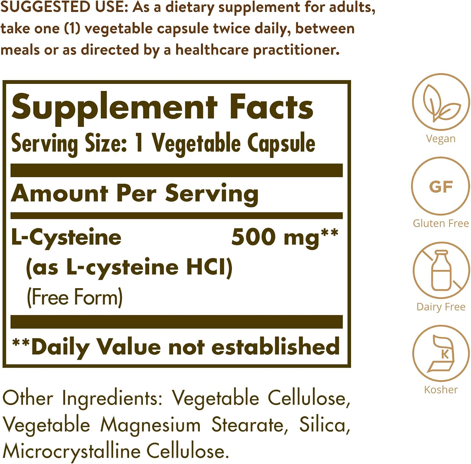 Solgar L-Cisteína 500 mg, 90 Cápsulas Vegetales - Aminoácido Libre
