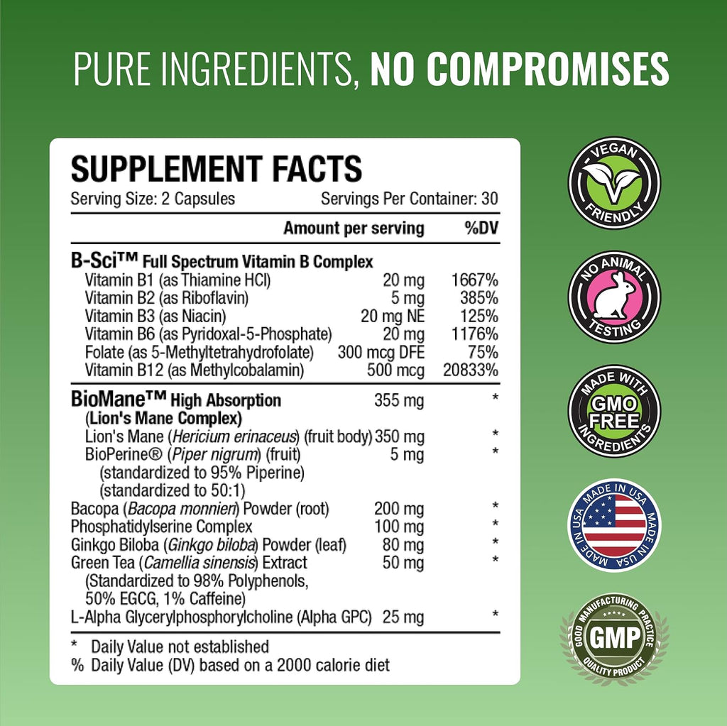 Approved Science MemorySyl - Suplemento para la Memoria con Lion's Mane y BioPerine - 3 Meses - Vegano