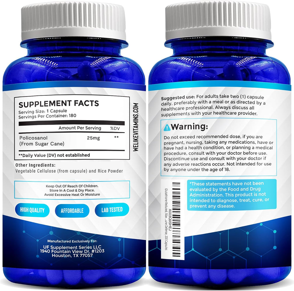 Policosanol 25mg - 180 Cápsulas - Suplemento Alimenticio de Caña de Azúcar - No OGM y Sin Gluten