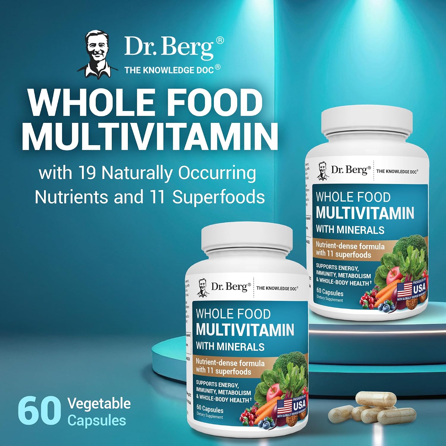 Dr. Berg Whole Food Multivitamin con Minerales - Multivitamínico Diario para Hombres y Mujeres - Incluye Mezcla Premium de Frutas y Verduras con Folato, Ácido Alfa Lipoico y Más - 60 Cápsulas