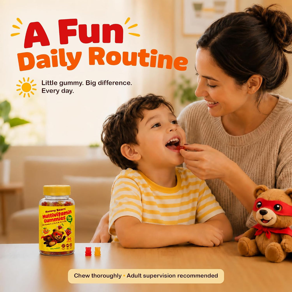 NOMMY BEARS Gomitas Multivitamínicas para Niños - 11 Vitaminas Esenciales, Sin Gelatina, Vegano, Sin Gluten y Sin Lácteos, Sabor Natural, 90 Gomitas (45 Días)