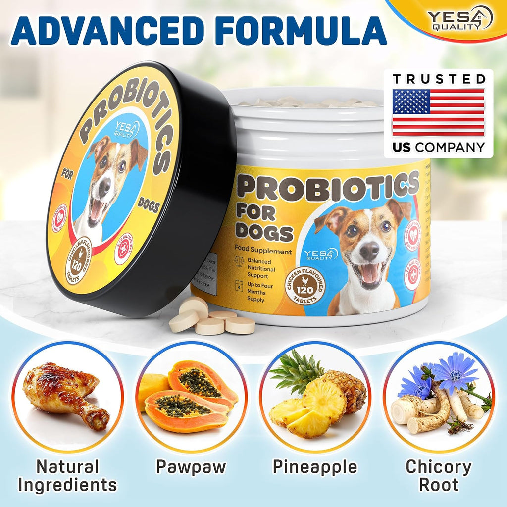 Probióticos para Perros con Prebióticos - 120 Comprimidos Sabor Pollo