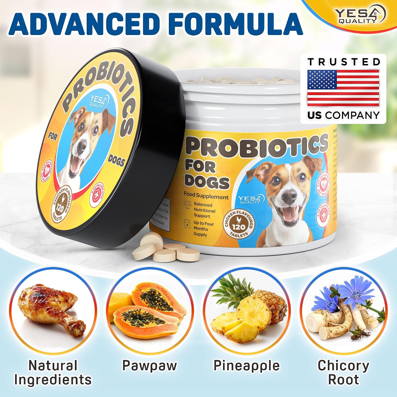 Probióticos para Perros con Prebióticos - 120 Comprimidos Sabor Pollo