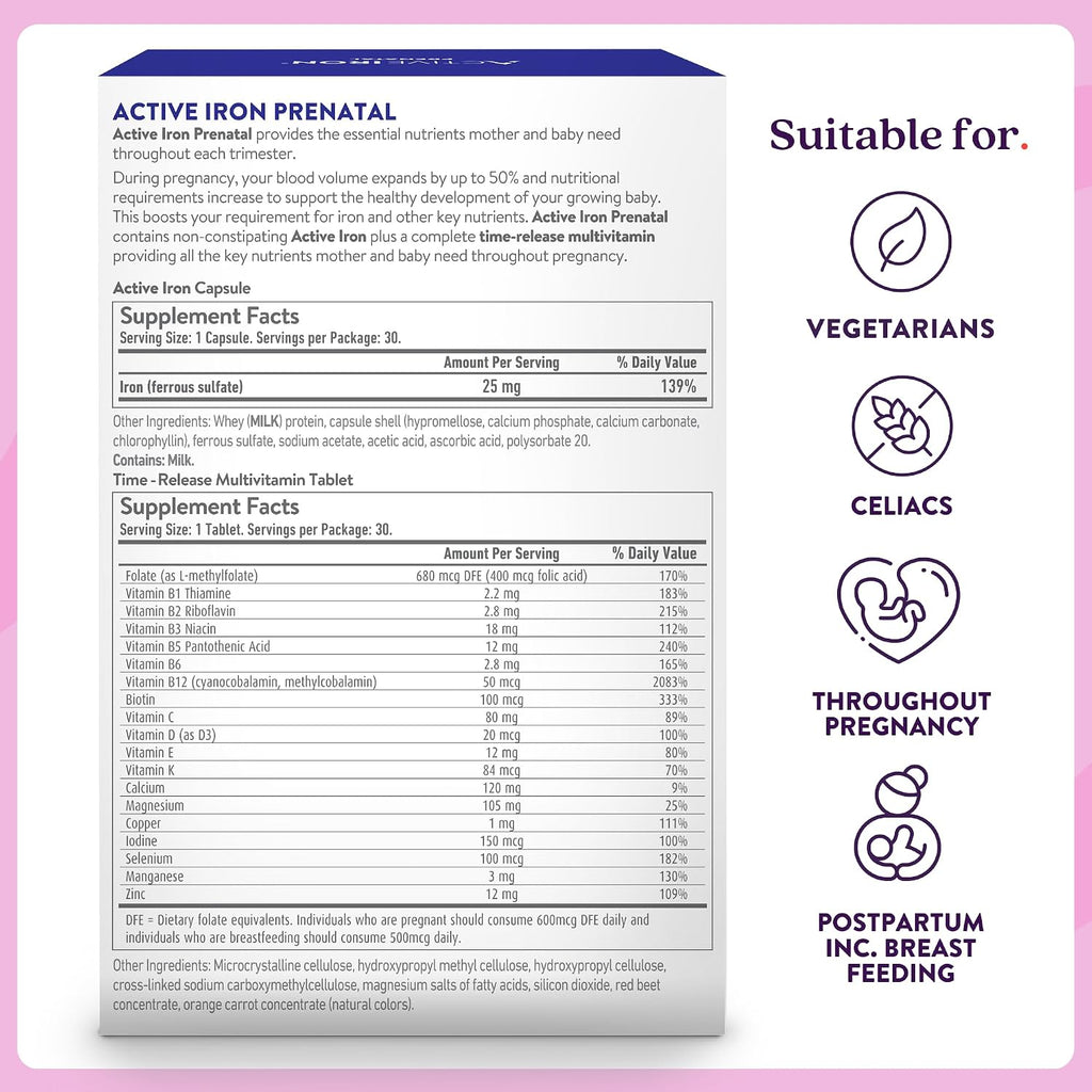 Active Iron Hierro 25mg + Multivitamínico Prenatal, 30 Cápsulas + 30 Comprimidos