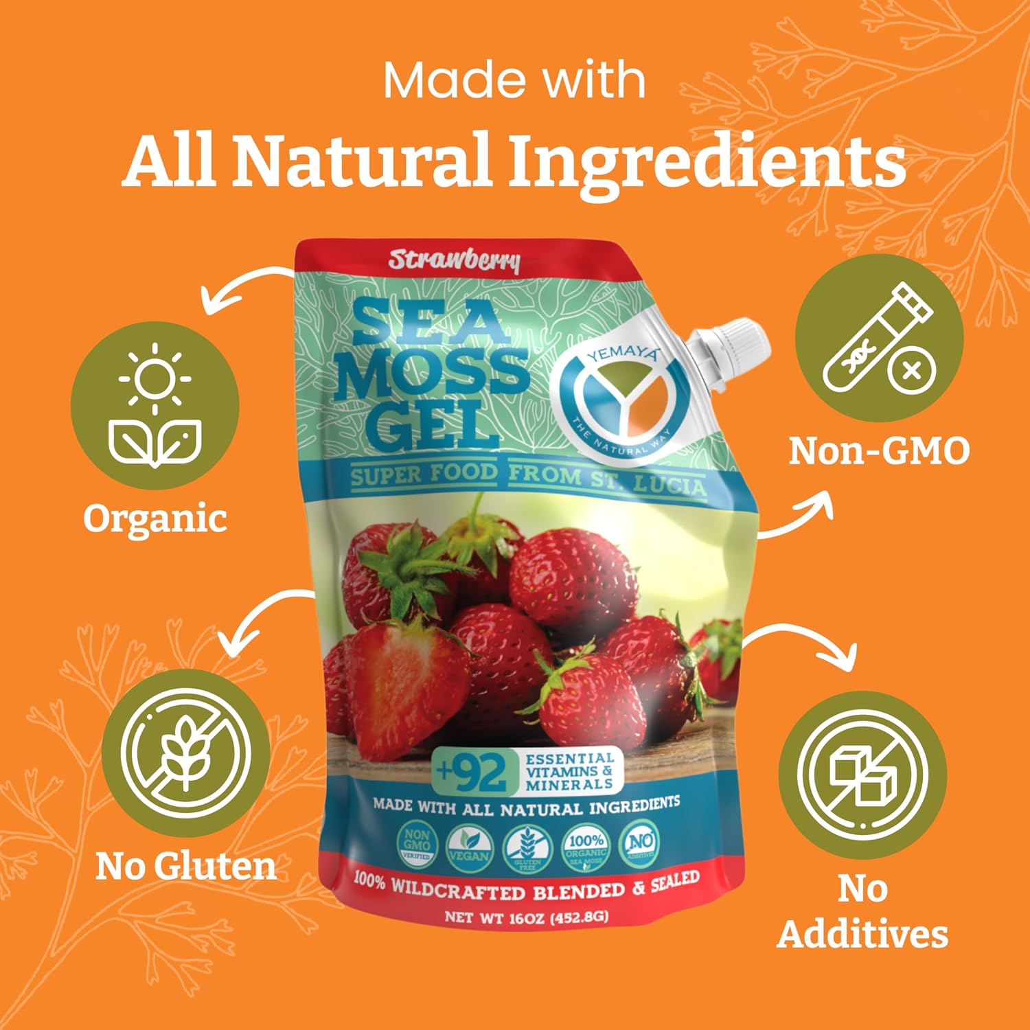 Yemayá Organic Gel de Musgo Marino Orgánico y Silvestre con Sabor a Fresa – 16 oz