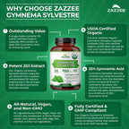 Zazzee USDA Organic Extracto de Gymnema Sylvestre 25:1, 25% Ácido Gimnémico, 120 Cápsulas Veganas