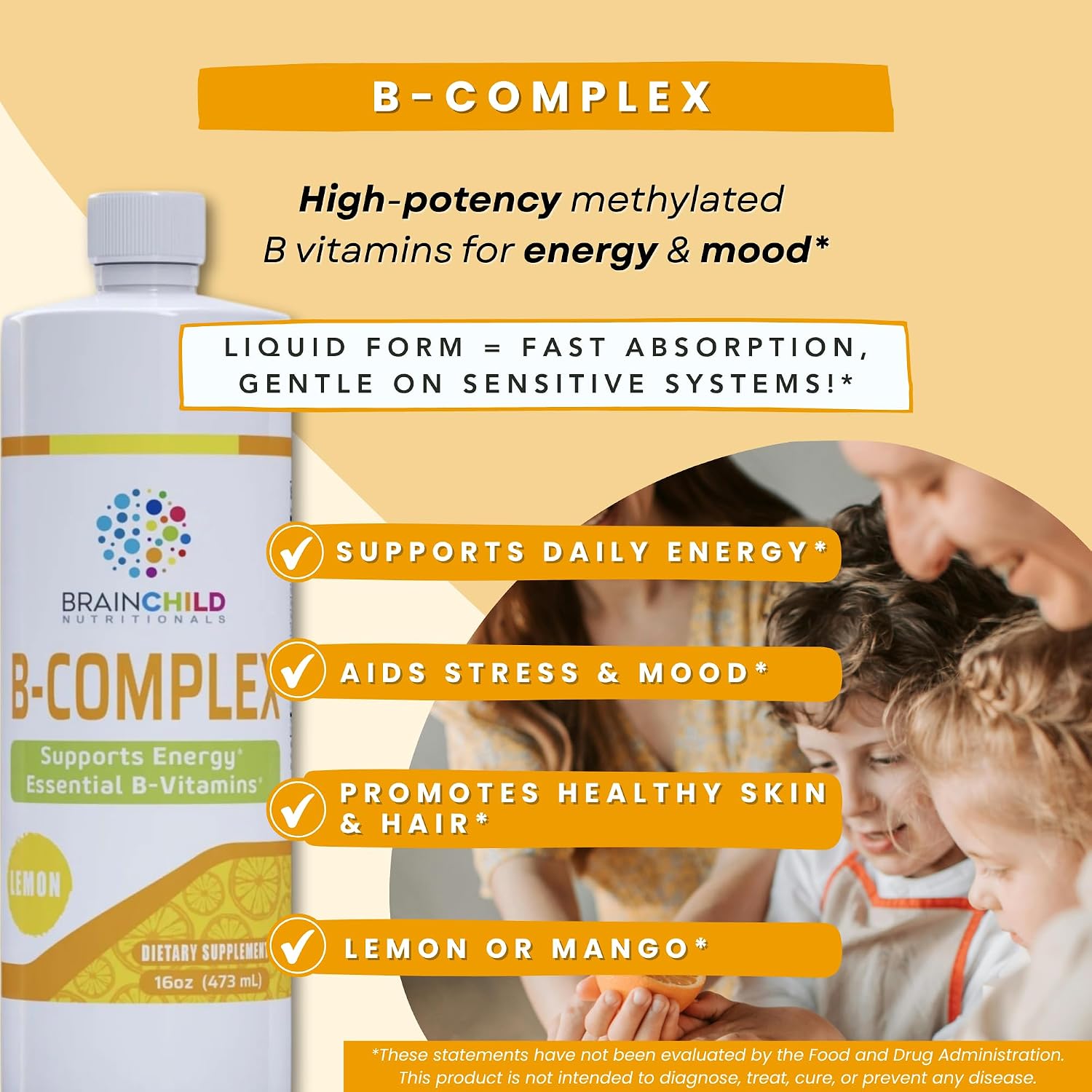 BrainChild B-Complex Líquido - Vitaminas B Metiladas de Alta Potencia para Energía, Estrés y Estado de Ánimo, Sin OGM, Vegano, Sin Gluten, Limón - 473 ml