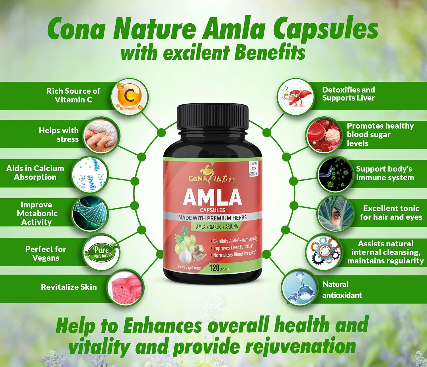 Cápsulas de Amla Orgánico 2250mg con Arjuna y Ajo | Cona Nature