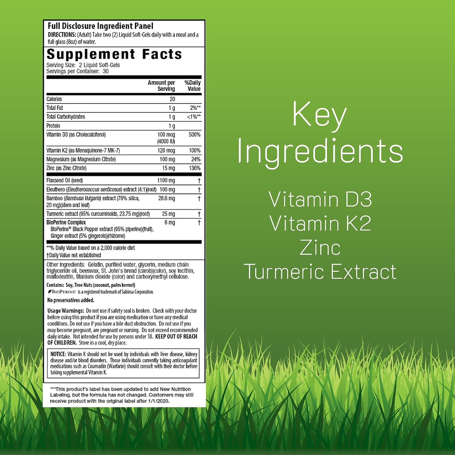 Irwin Naturals Mega D3 & K2 + Extracto de Cúrcuma | 60 Soft-Gels Líquidos