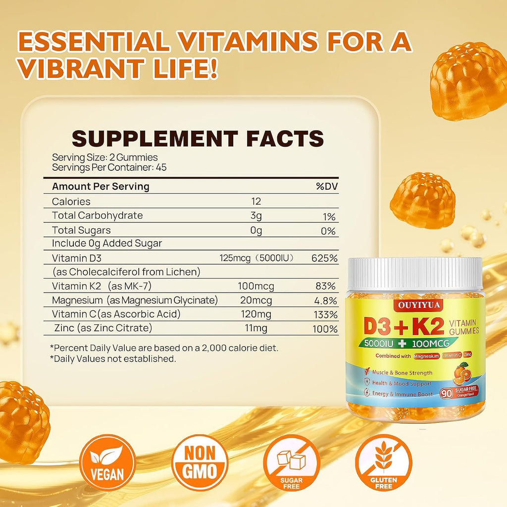 Gominolas de Vitamina D3 y K2 (MK-7) | 5000 UI D3 + 100 mcg K2 | 90 unidades