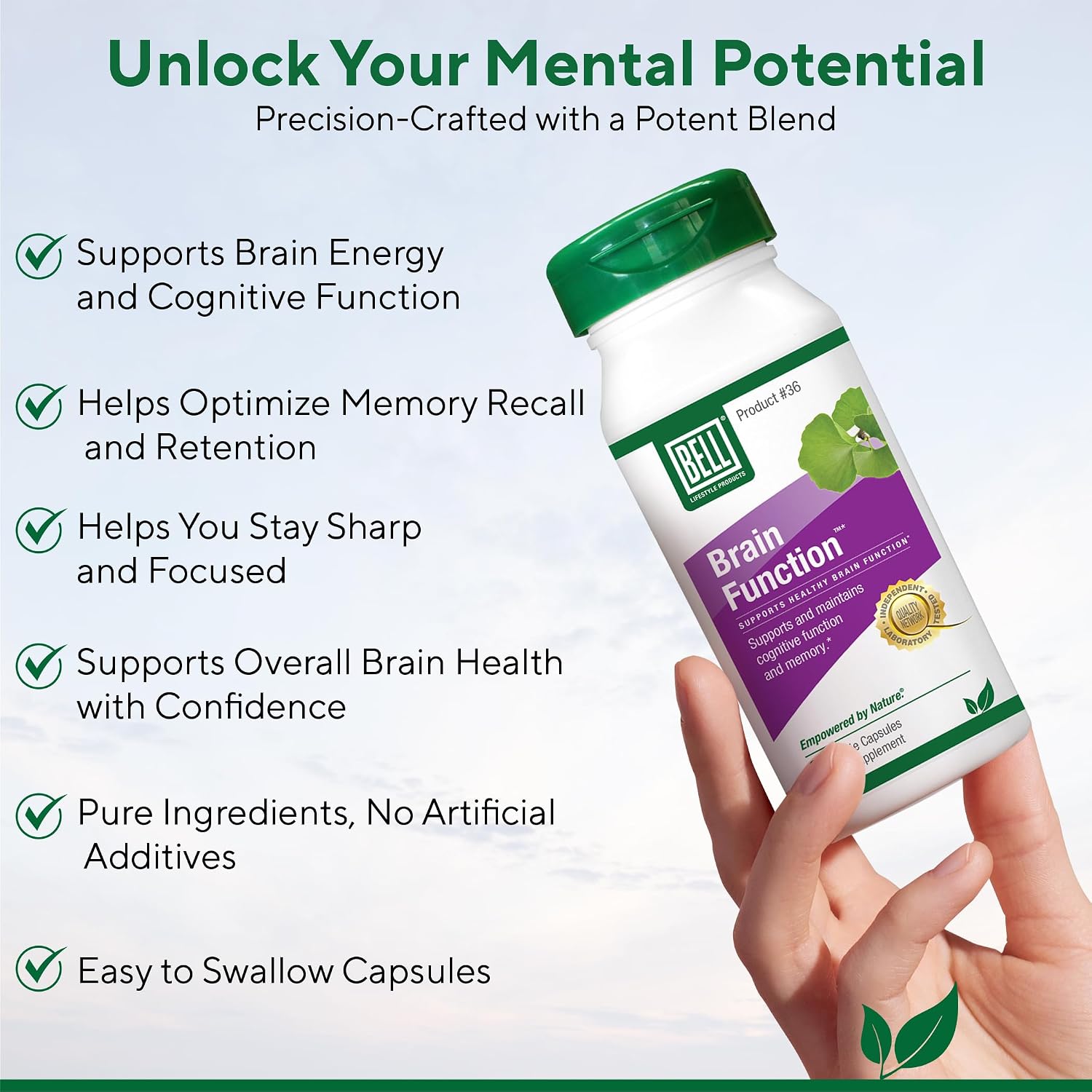 Bell Brain Function Lifestyle - Apoyo Cognitivo con Ginkgo, Vitamina B12 y Folato - 60 Cápsulas Vegetarianas