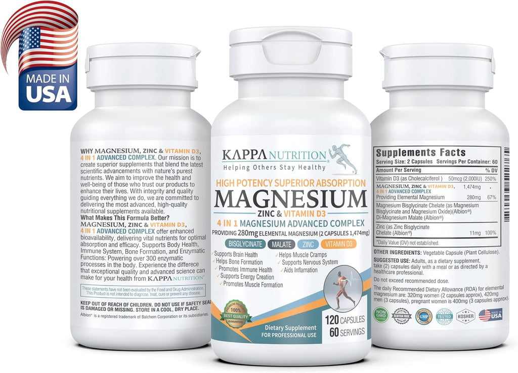 Kappa Nutrition Magnesio 4-en-1, 280mg Magnesio Elemental (Bisglicinato, Malato) + Zinc y Vitamina D3, 120 Cápsulas Veganas