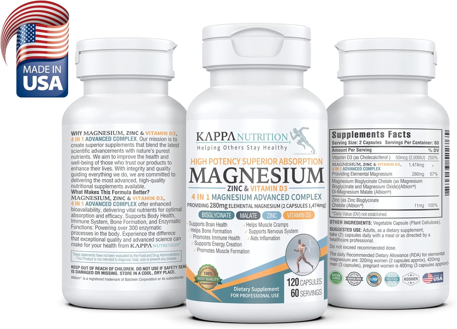 Kappa Nutrition Magnesio 4-en-1, 280mg Magnesio Elemental (Bisglicinato, Malato) + Zinc y Vitamina D3, 120 Cápsulas Veganas