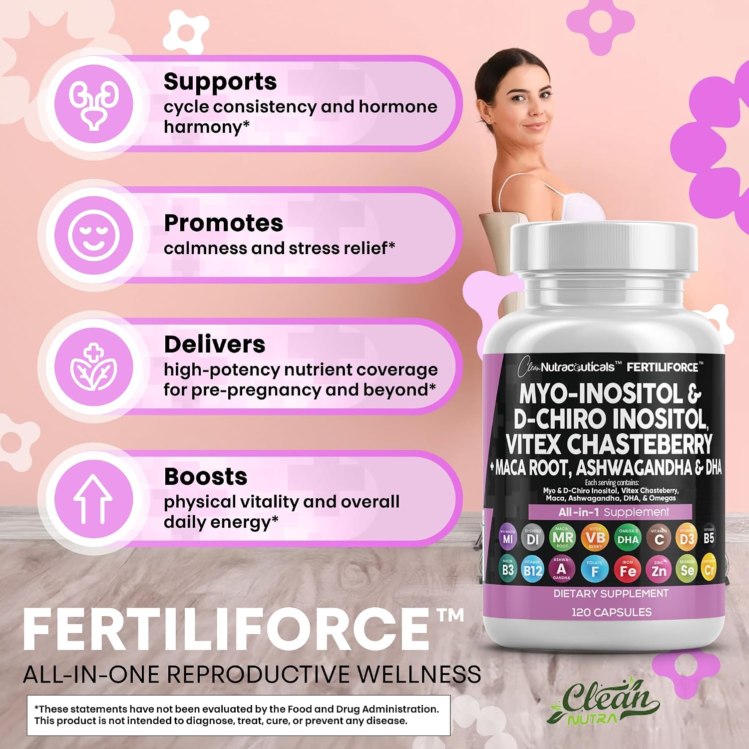 Clean Nutraceuticals Myo-Inositol & D-Chiro Inositol 2050mg - Suplemento de Fertilidad 40:1 con Ashwagandha, Maca, Vitex, DHA y Vitaminas (2 Paquetes)