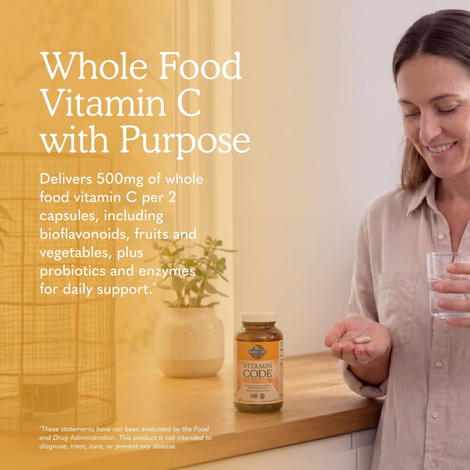 Garden of Life Vitamin Code Raw Vitamin C - 120 Cápsulas, 500mg de Vitamina C de Alimentos Integrales con Mezcla de Frutas y Verduras y Probióticos