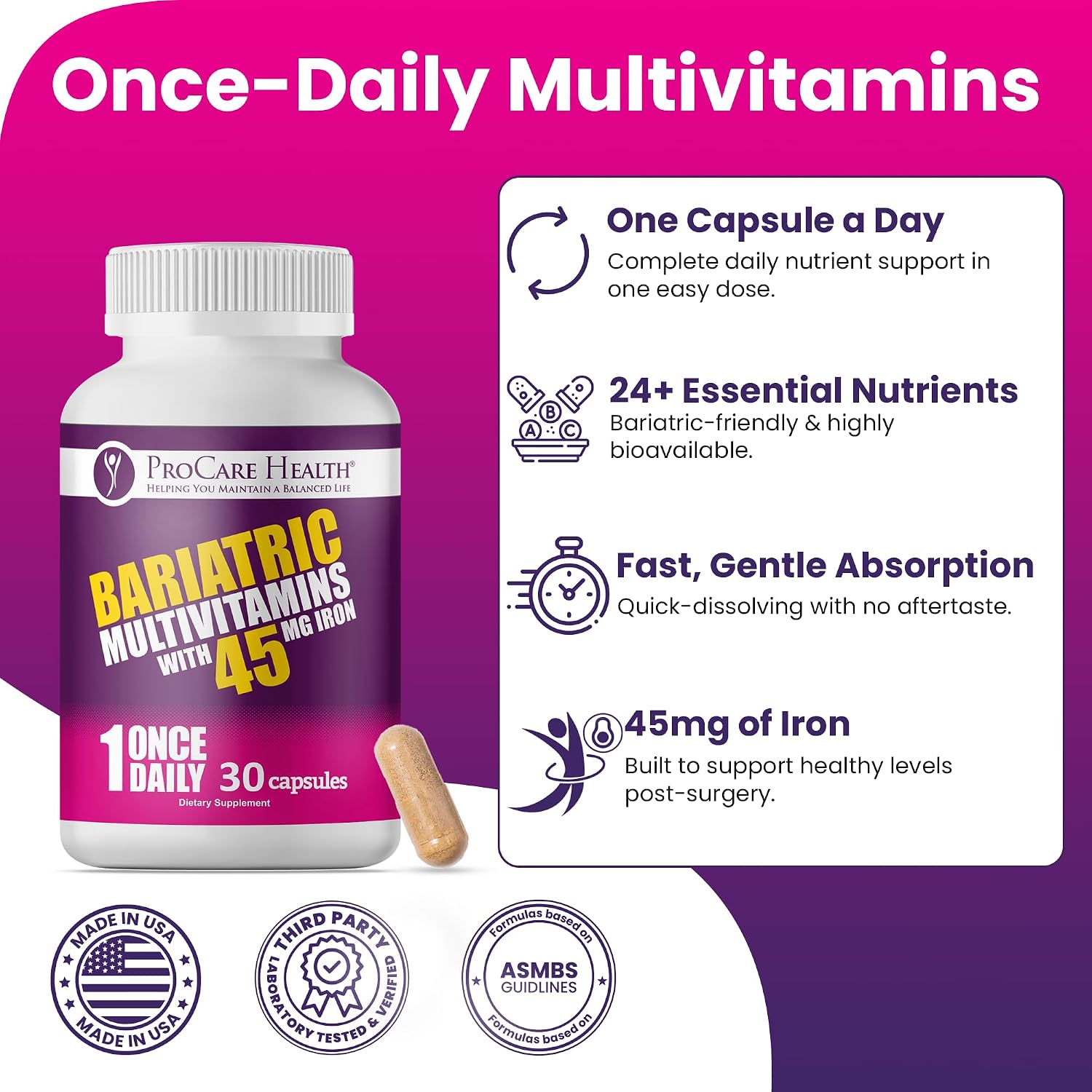 ProCare Health Bariatric Multivitamin with 45mg Iron (30 Capsules) - Once Daily for Post-Operative Support