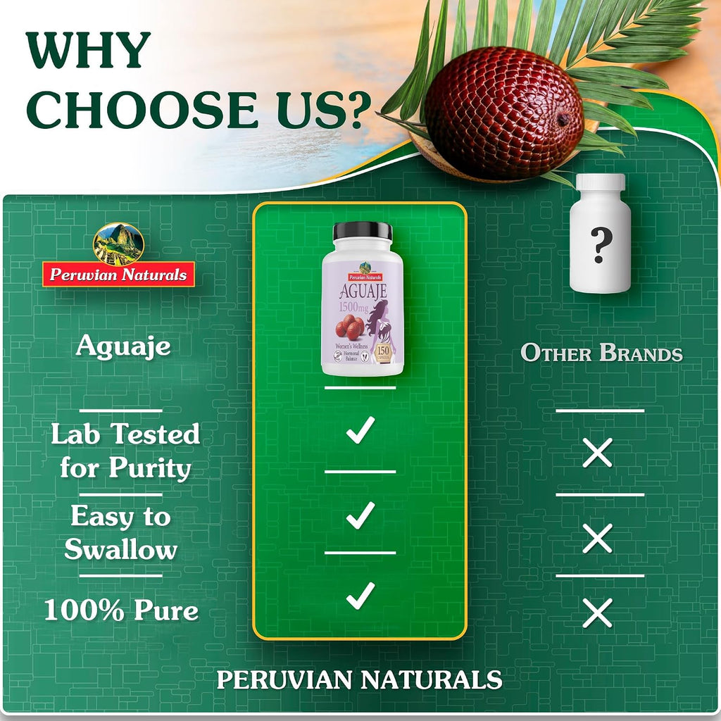 Peruvian Naturals Aguaje Cápsulas para Mujer 150 Comprimidos - Curvas Naturales, Equilibrio Hormonal, Vegano
