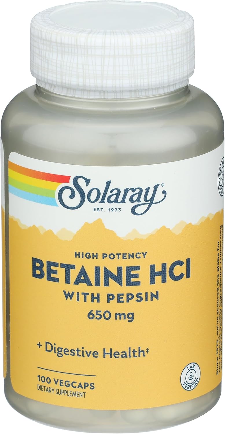 Solaray HCl Pepsin Alta Potencia 650 mg, 100 Cápsulas Vegetales