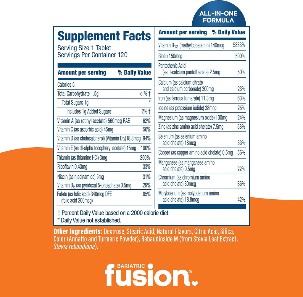 Bariatric Fusion Multivitamínico Masticable con Hierro Sabor Crema de Naranja - 120 Comprimidos