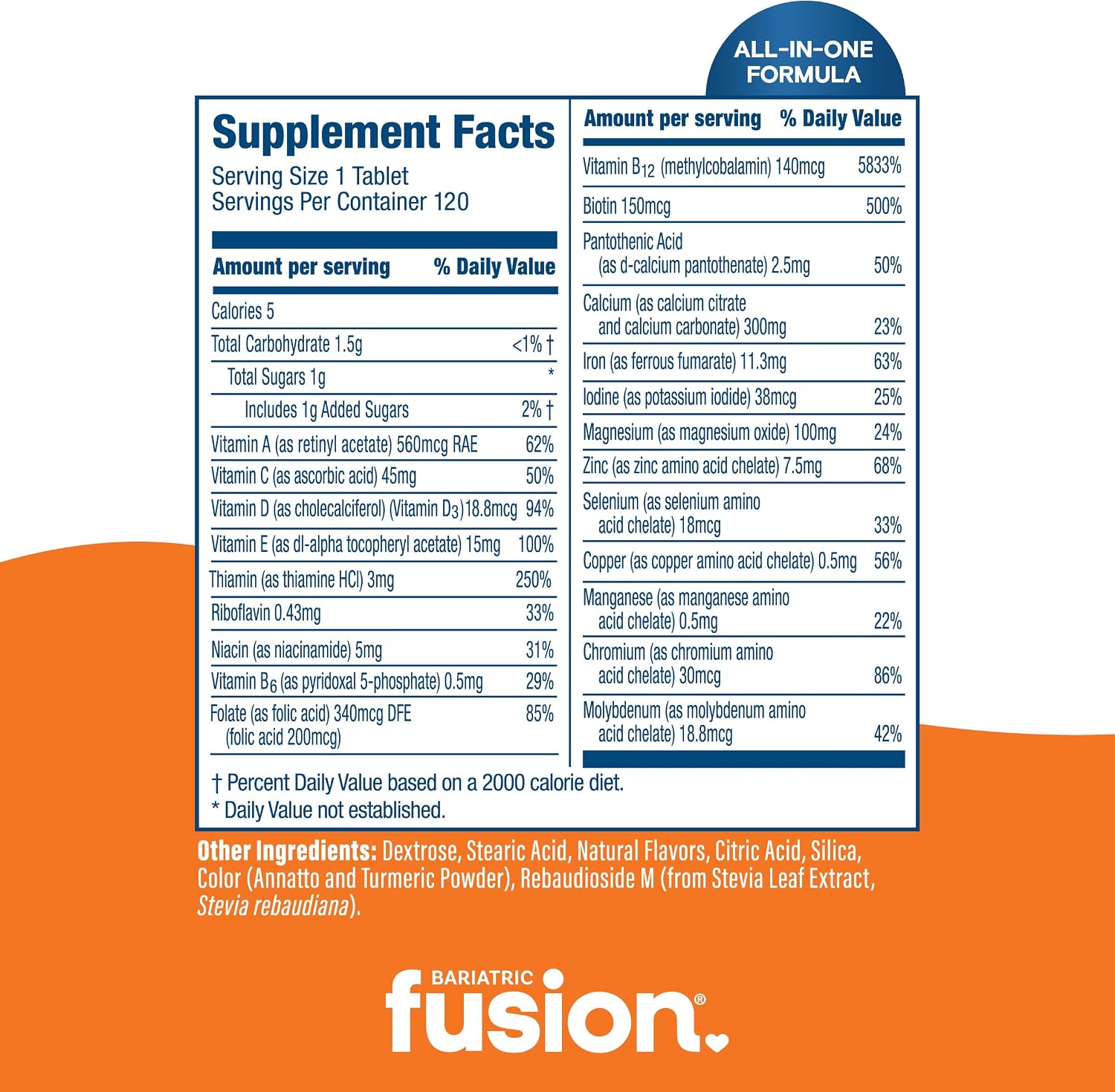 Bariatric Fusion Multivitamínico Masticable con Hierro Sabor Crema de Naranja - 120 Comprimidos