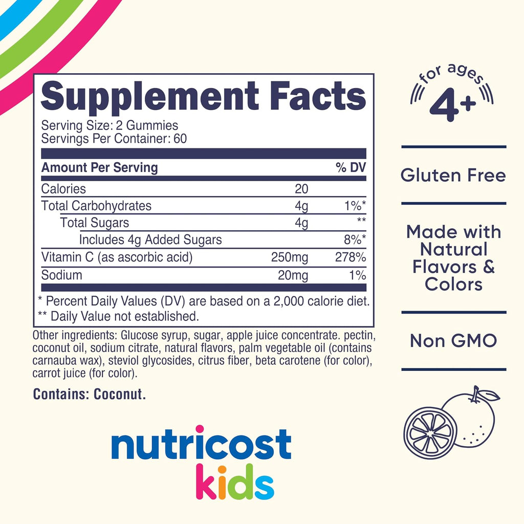 Nutricost Kids Vitamin C Gummies (250 mg) - 120 Gominolas Sabor Naranja Natural, Sin Gluten, Sin Jarabe de Maíz