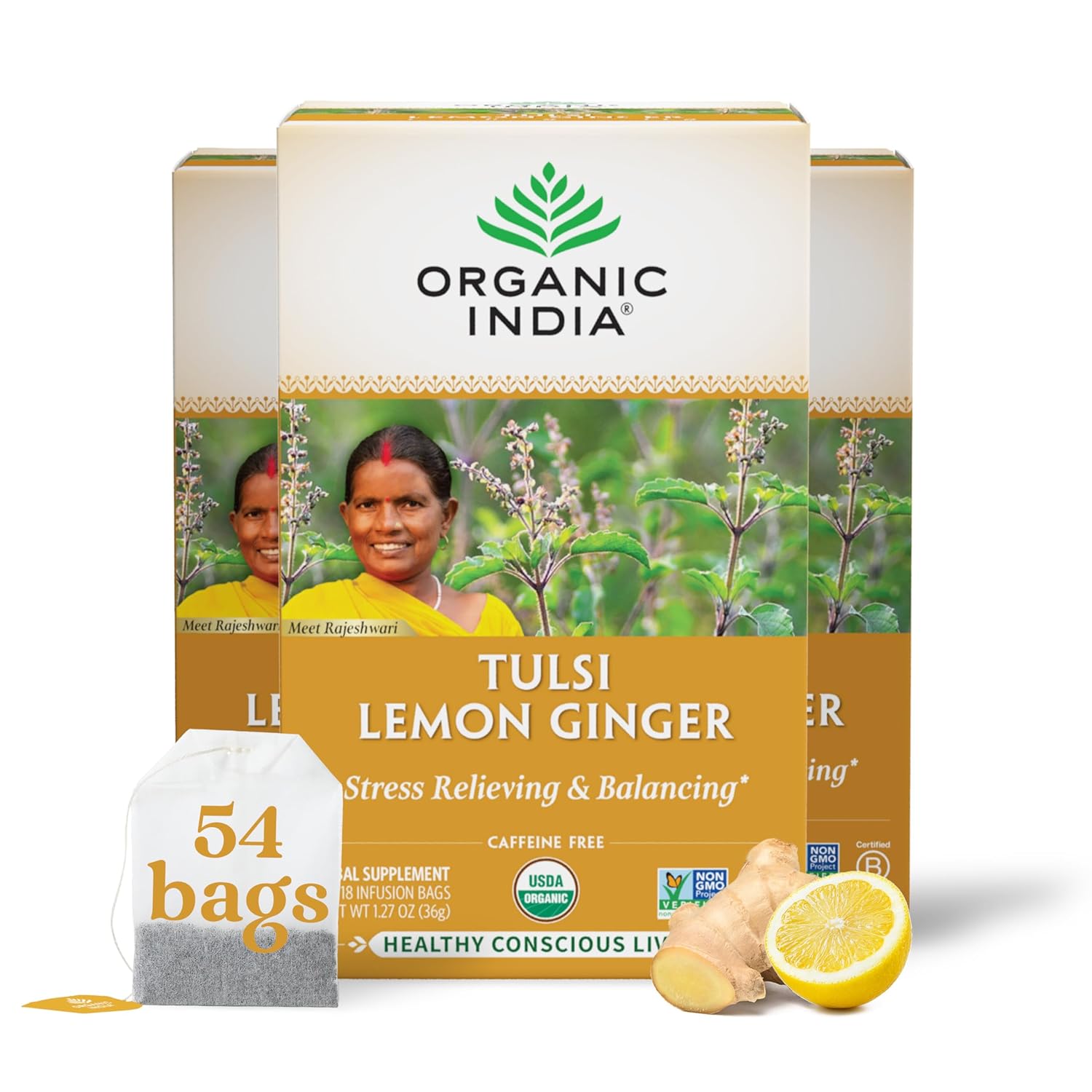 ORGANIC INDIA Té de Tulsi Original - Infusión de Albahaca Sagrada y Albahaca Africana, Relajante, Sin Cafeína - 18 Bolsitas, Pack de 3