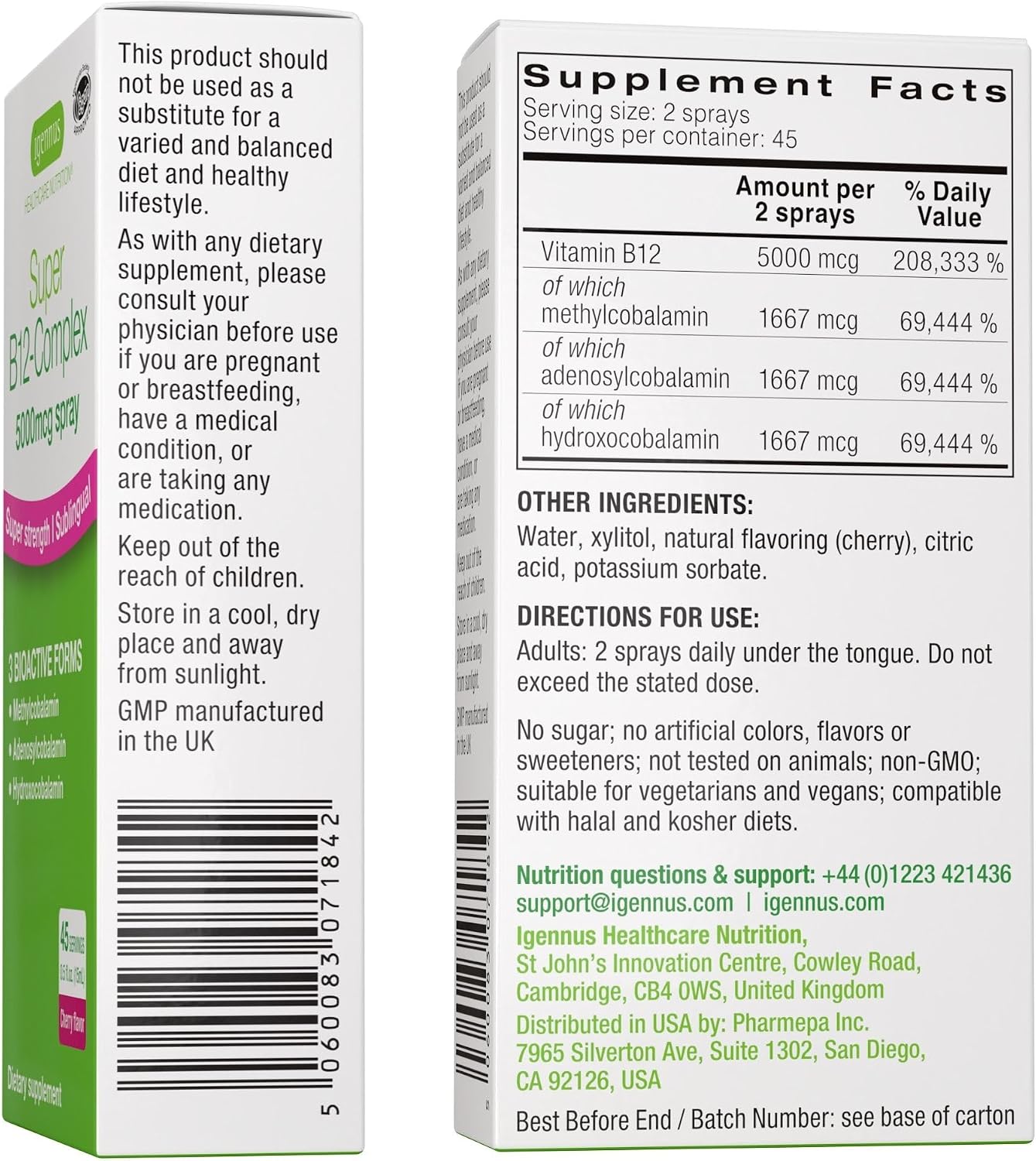 Igennus Triple Complejo de Vitamina B12 5000mcg Spray Sublingual, Metilcobalamina, Adenosilcobalamina e Hidroxocobalamina, 45 Servicios, Vegano