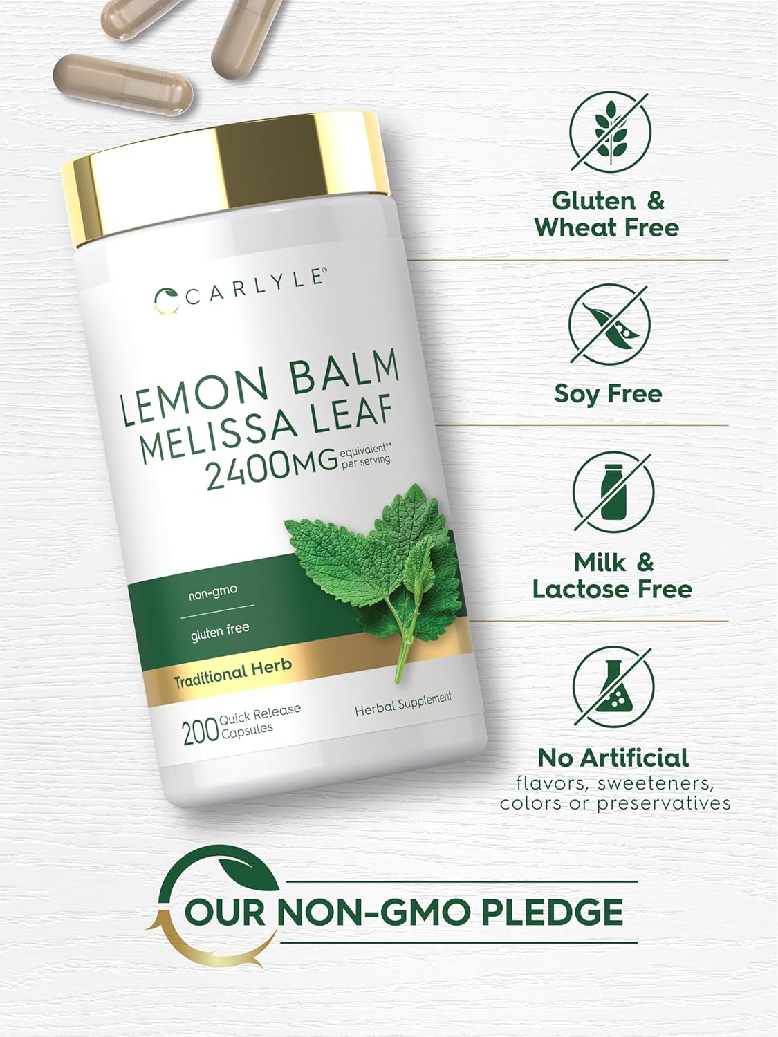 Carlyle Cápsulas de Melisa (Lemon Balm) | 200 Unidades | Extracto Concentrado de Hoja de Melissa | Fórmula No GMO y Sin Gluten