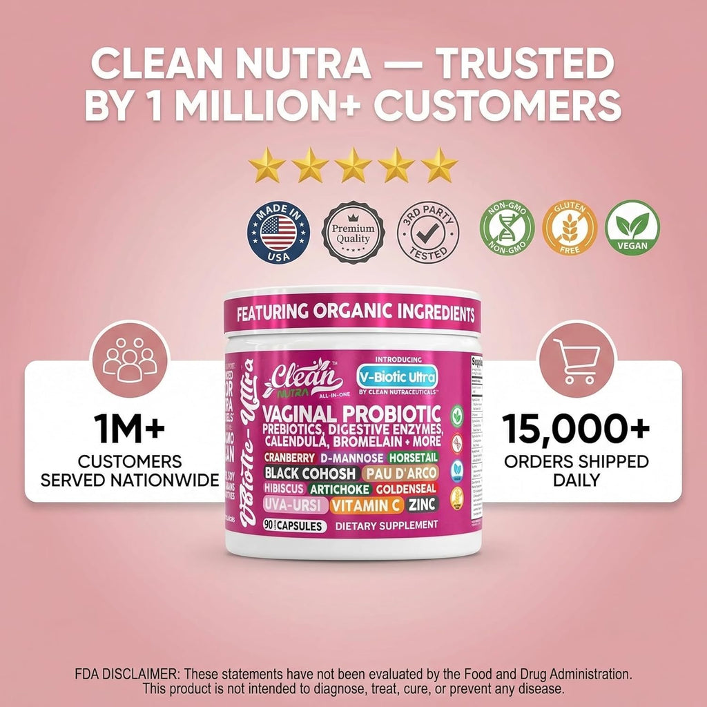 Clean Nutra Vaginal Probiotics for Women + Prebiotics Digestive Enzymes Bromelain Cranberry D Mannose Horsetail Black Cohosh Artichoke Hibiscus Flowers Probiotic for Digestive Health 90 Vegan Capsules