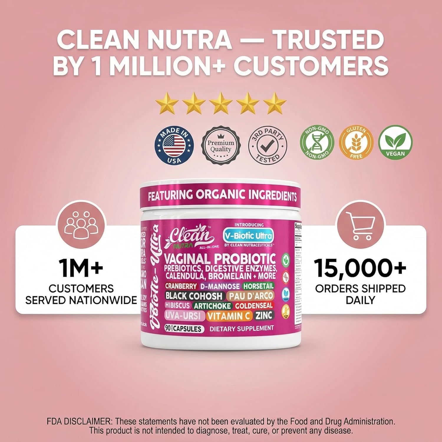 Clean Nutra Vaginal Probiotics for Women + Prebiotics Digestive Enzymes Bromelain Cranberry D Mannose Horsetail Black Cohosh Artichoke Hibiscus Flowers Probiotic for Digestive Health 90 Vegan Capsules