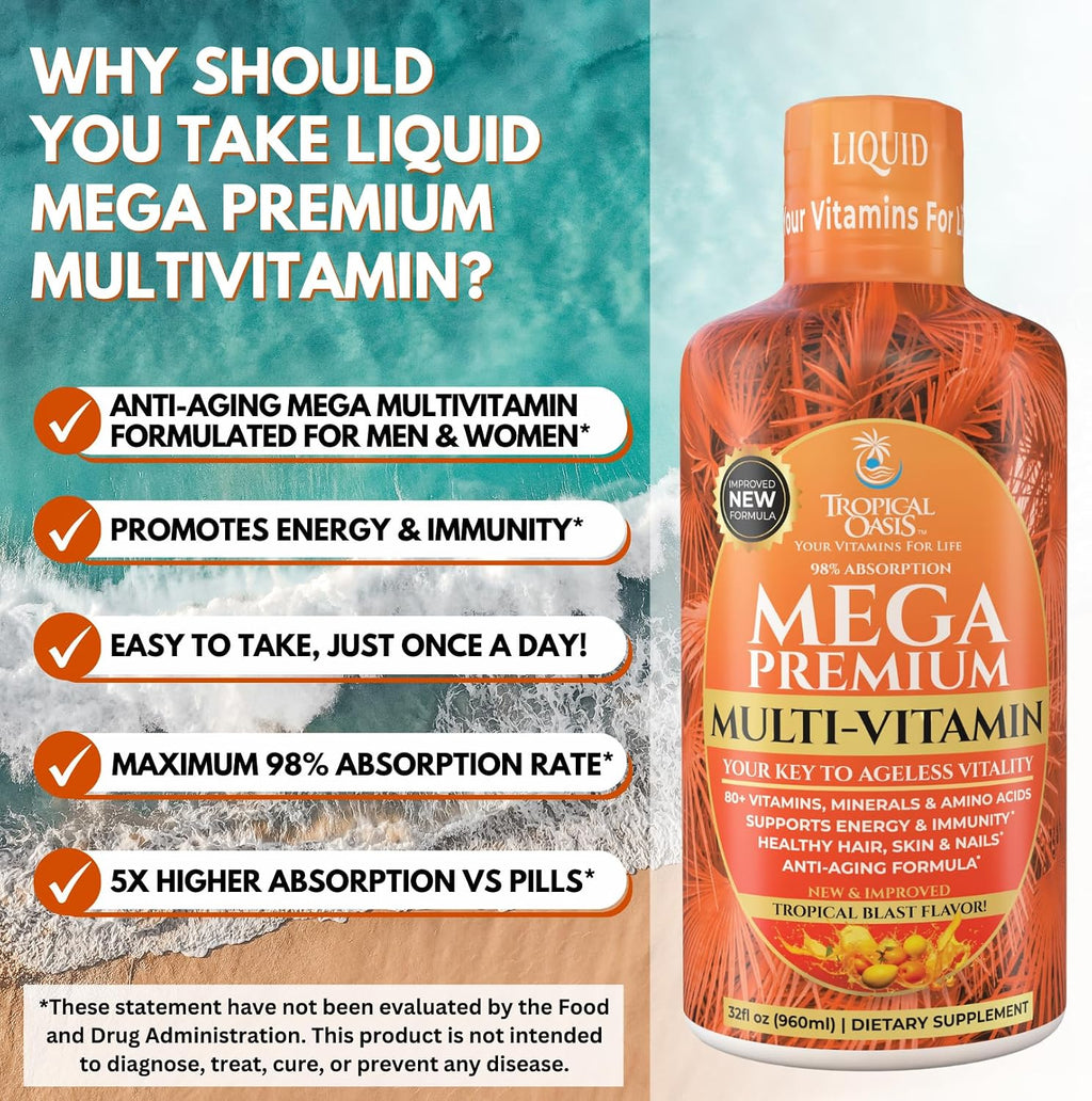 Mega Premium Liquid Multivitamin - 110 Ingredientes, Vitamina C, D3, Zinc, Sabor Naranja, 32 Servicios