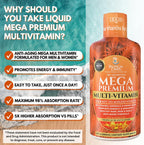Mega Premium Liquid Multivitamin - 110 Ingredientes, Vitamina C, D3, Zinc, Sabor Naranja, 32 Servicios