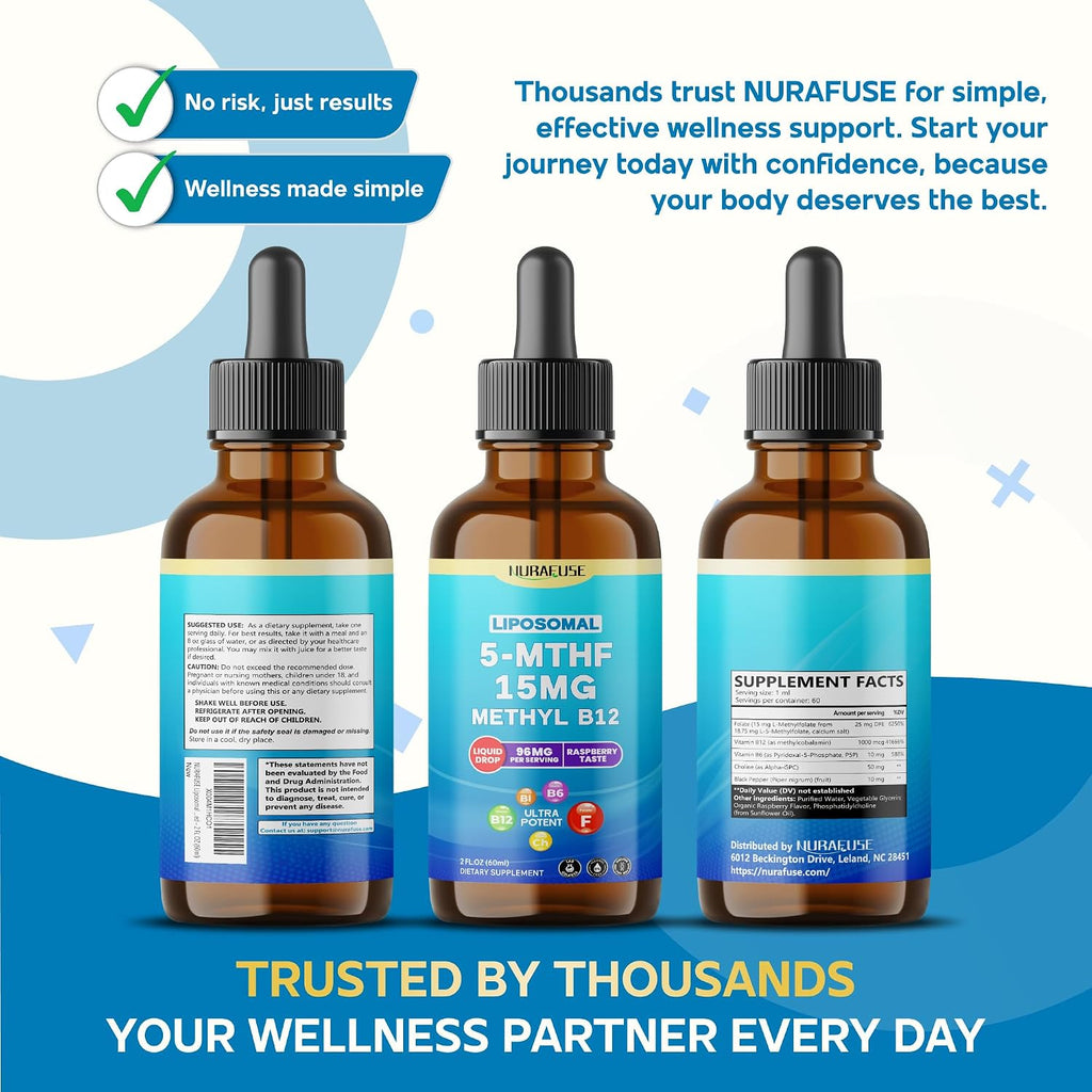 NURAFUSE Liposomal 5-MTHF 15mg & Methyl B12 Liquid Drops – 96mg per Serving, Ultra Potent, Raspberry Taste – 2 FL OZ (60ml)