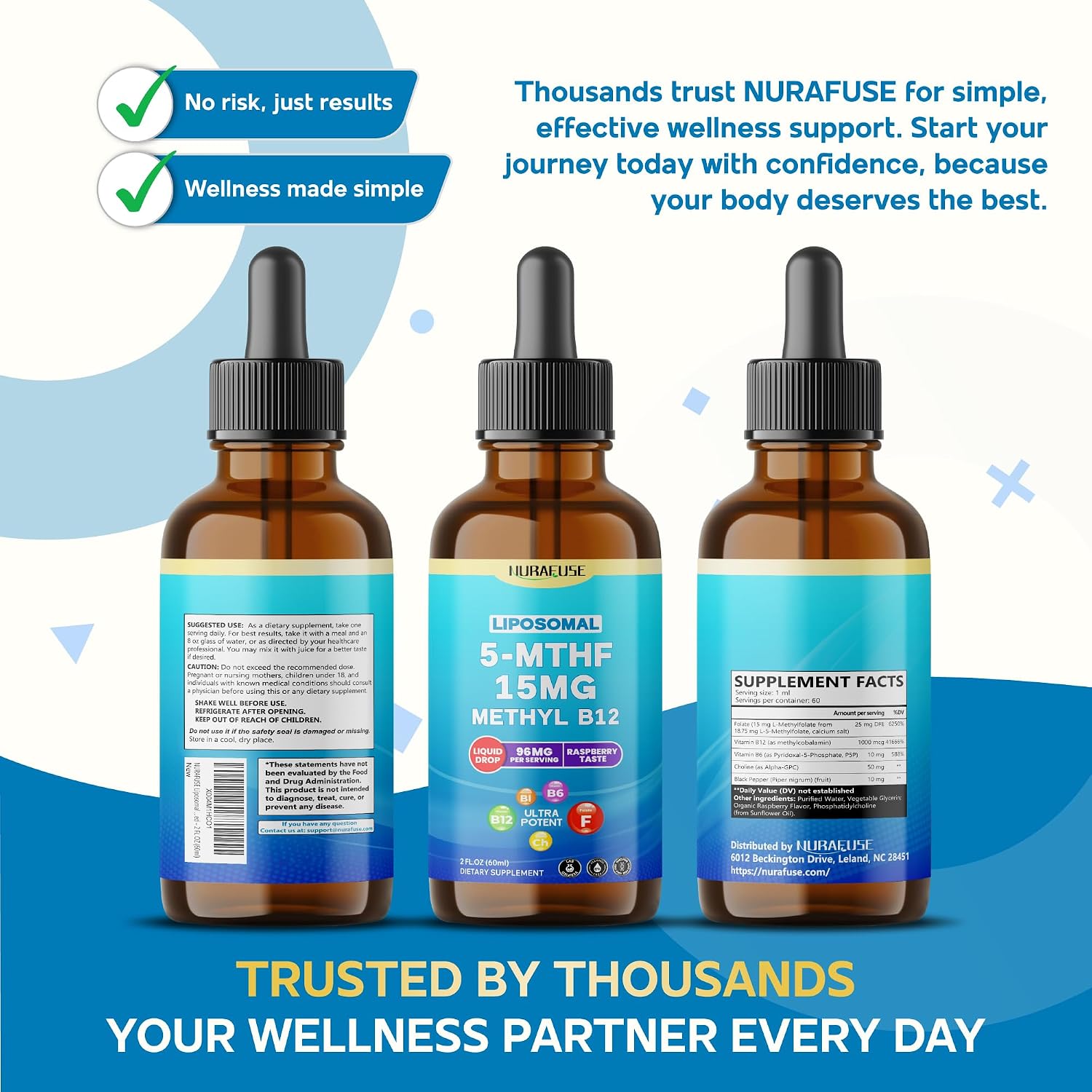 NURAFUSE Liposomal 5-MTHF 15mg & Methyl B12 Liquid Drops – 96mg per Serving, Ultra Potent, Raspberry Taste – 2 FL OZ (60ml)