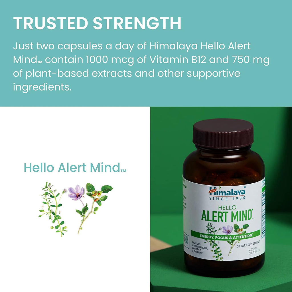 Himalaya Hello Alert Mind - Suplemento para Energía y Enfoque con L-Teanina, Ashwagandha, Bacopa, Vitamina B6 y B12 - 60 Cápsulas Veganas