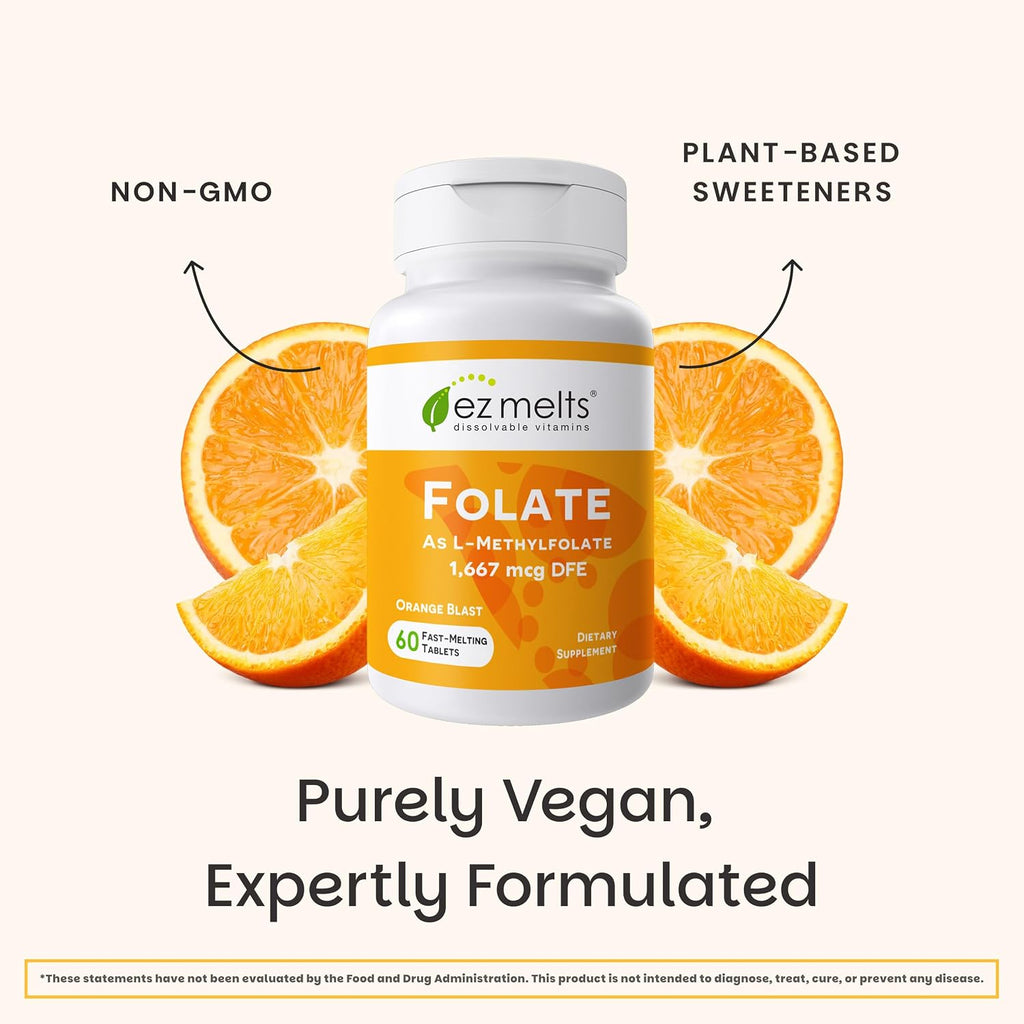 EZ Melts Folato Disolvable 1,667 mcg DFE - Complemento de Folato Metilado - Salud Cardíaca y Desarrollo Fetal Saludable - No GMO, Vegano y Sin Lácteos - Sabor Naranja - 60 Comprimidos Disolubles