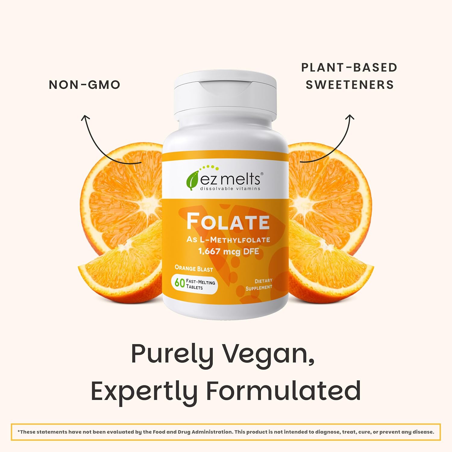 EZ Melts Folato Disolvable 1,667 mcg DFE - Complemento de Folato Metilado - Salud Cardíaca y Desarrollo Fetal Saludable - No GMO, Vegano y Sin Lácteos - Sabor Naranja - 60 Comprimidos Disolubles