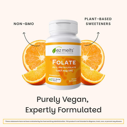 EZ Melts Folato Disolvable 1,667 mcg DFE - Complemento de Folato Metilado - Salud Cardíaca y Desarrollo Fetal Saludable - No – Image 6