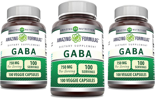 Amazing Formulas GABA 750mg por Porción Cápsulas Vegetales - 3 Pack (300 Cápsulas)