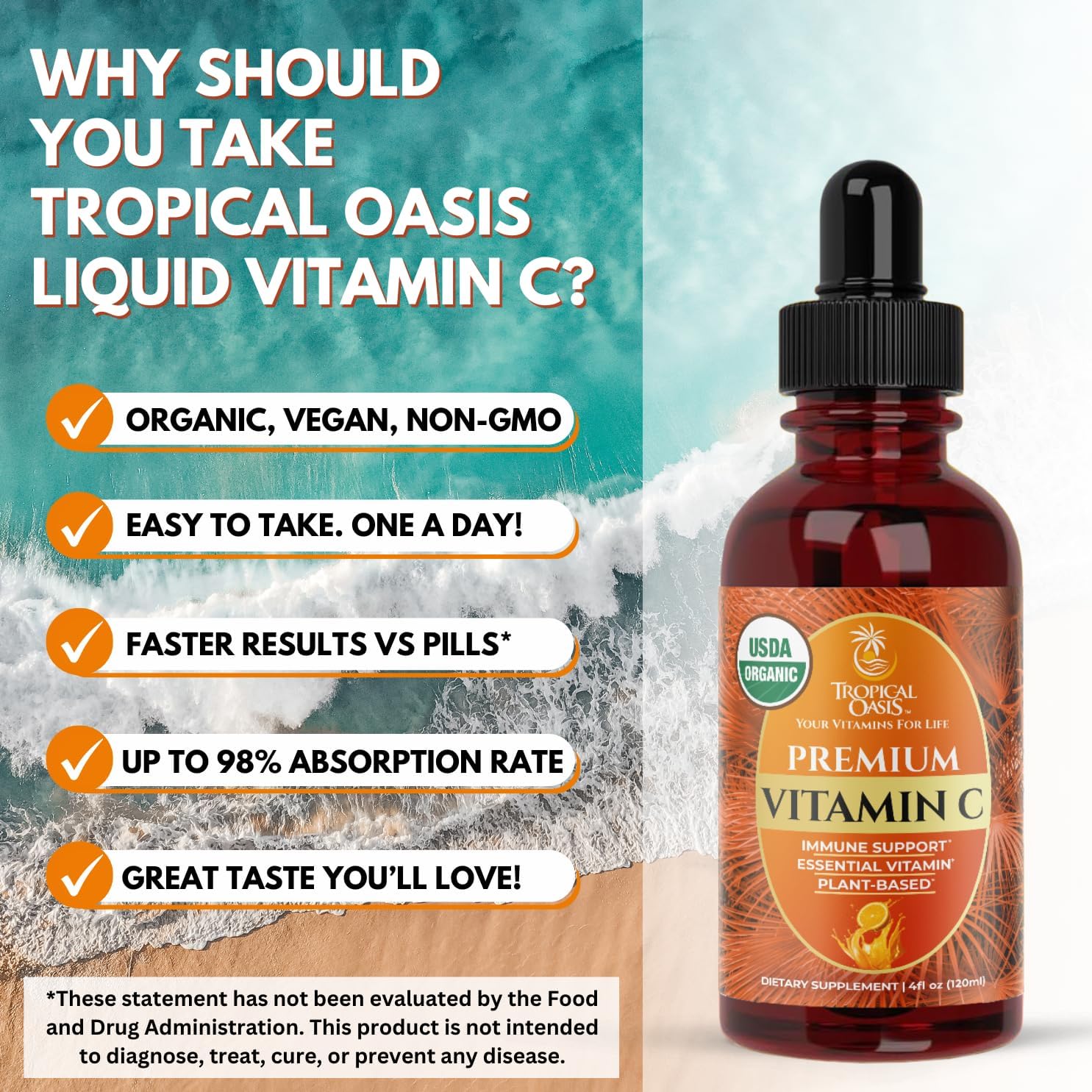 Tropical Oasis USDA Organic Liquid Vitamin C Drops - 60 Servings