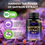Natural Saffron Supplements - Pure Saffron Extract 88.5 mg - Mood | Focus | Vision | Energy Support - Eye Health for Women & Men - Lab Tested - NonGMO Vegan Pills - 180 Powder Capsules, 6 Month Supply