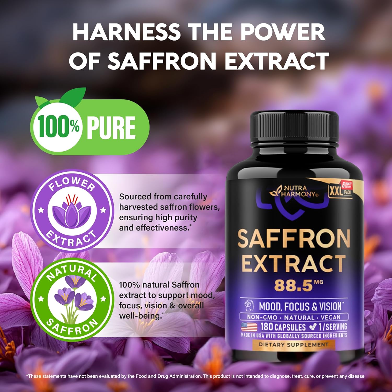 Natural Saffron Supplements - Pure Saffron Extract 88.5 mg - Mood | Focus | Vision | Energy Support - Eye Health for Women & Men - Lab Tested - NonGMO Vegan Pills - 180 Powder Capsules, 6 Month Supply