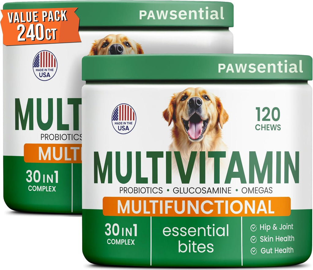 Pawsential Dog Vitamins + Glucosamine - Chewable Multivitamins + Probiotics, Omega - Hip & Joint Support, Skin & Coat, Gut Health - Adult & Senior - Large & Small Breed - 120 Chews