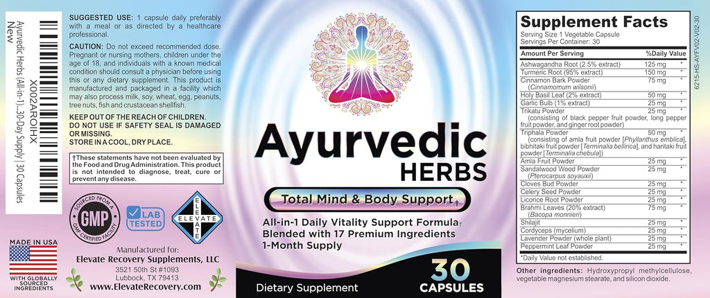 Elevate Recovery Supplements – Hierbas Ayurvédicas 17-en-1, 30 Cápsulas