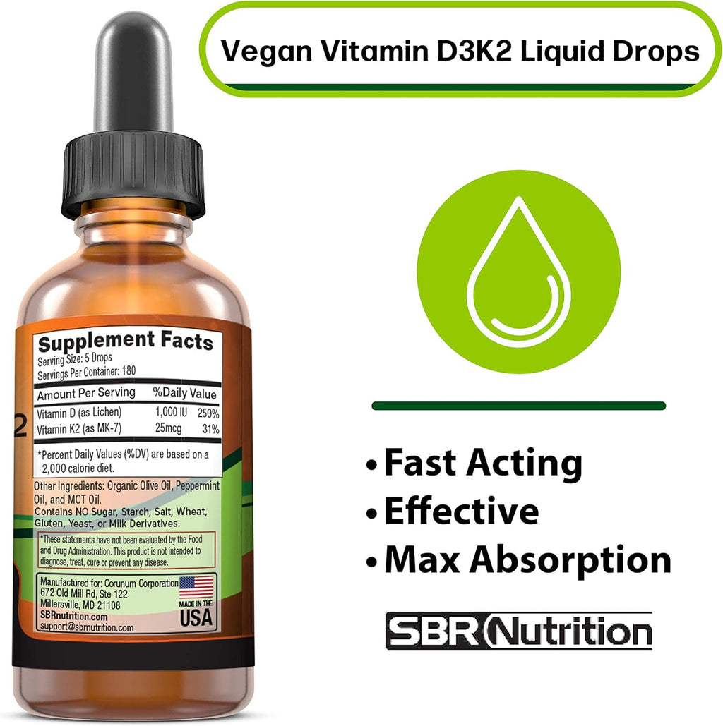 Vitamina D3 + K2 (MK-7) Gotas Veganas con Aceite MCT y Sabor a Menta